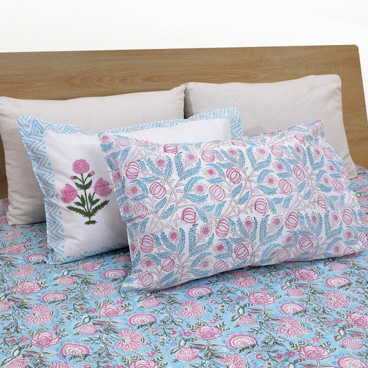 Pink Florals on Blue  |  300TC Mercerized Cotton Bedsheet