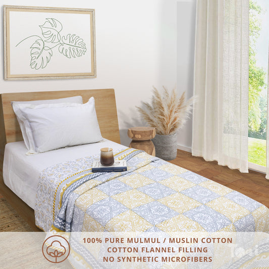 Yellow Grey Jharokha | Pure Mulmul Cotton | Flannel filling