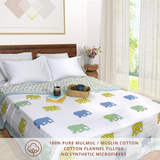 Elephant White Blue Green Yellow | Pure Mulmul Cotton | Flannel filling