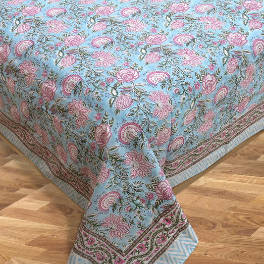 Pink Florals on Blue  |  300TC Mercerized Cotton Bedsheet
