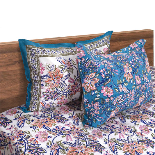 Blue Orange on White  | 210TC Pure Cotton  Bedsheet