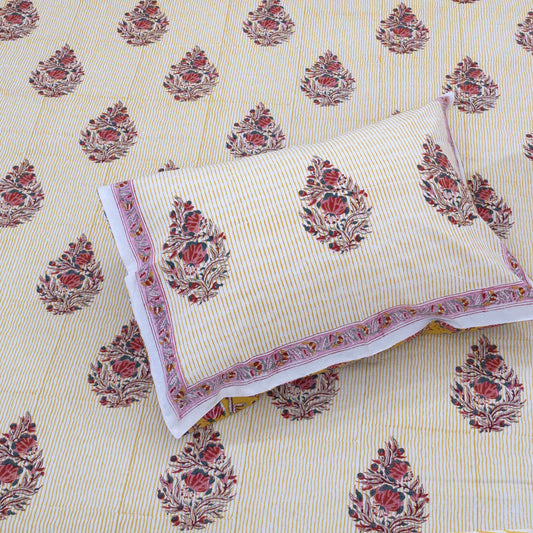 Floral Motives on Yellow Panel | 210TC Pure Cotton Bedsheet