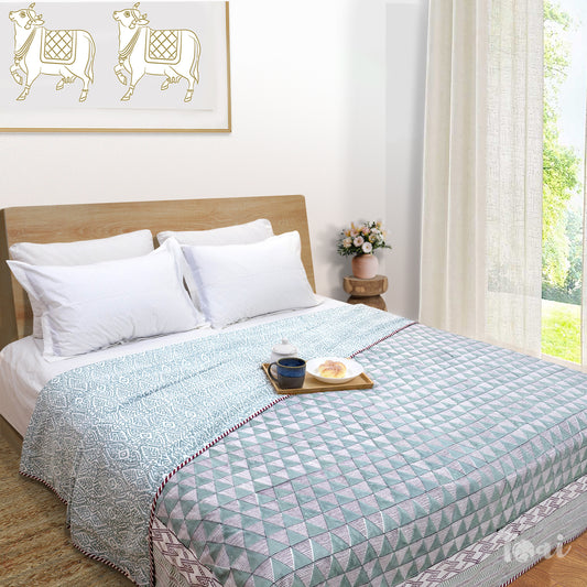 Cement Green Triangles | 300TC Bedsheet | 2 Pillow Covers | Mulmul Cotton Dohar