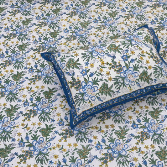 Blue Green Motives On White  | 210TC Pure Cotton Bedsheet
