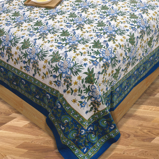 Blue Green Motives On White  | 210TC Pure Cotton Bedsheet