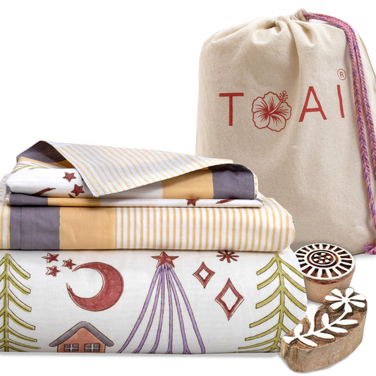 Yellow Polka Bedding Set | 300TC Bedsheet | 2 Pillow Covers | Mulmul Cotton Dohar