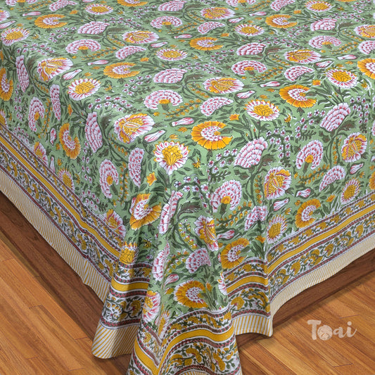 Yellow Pink Florals on Green | 210TC Pure Cotton  Bedsheet