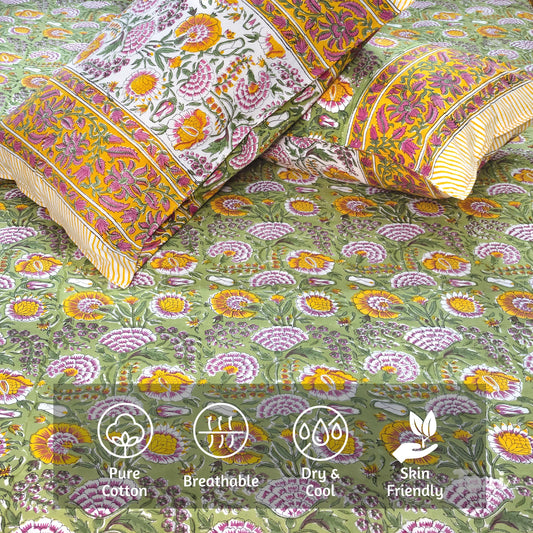 Yellow Pink Florals on Green | 210TC Pure Cotton  Bedsheet