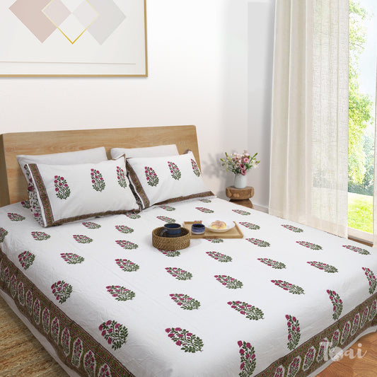 Pink Floral Plants on White  | 210TC Pure Cotton Bedsheet