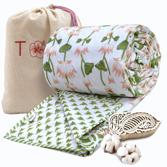 Orange Green Lotus | Pure Mulmul Cotton | Flannel filling