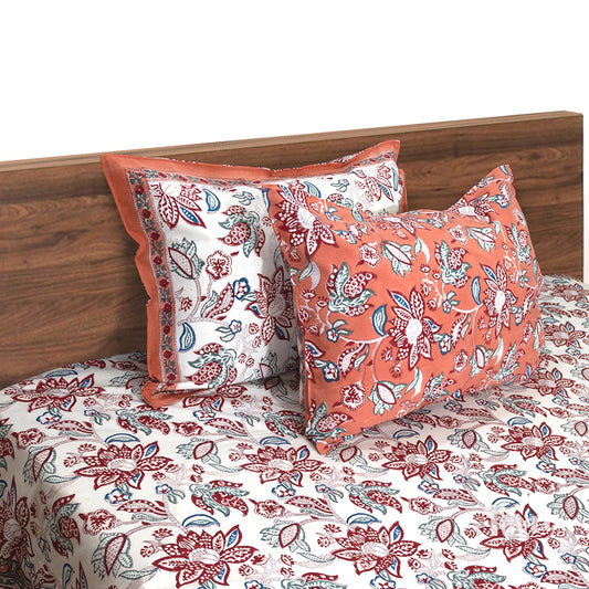 Peach Florals on White  | 210TC Pure Cotton  Bedsheet