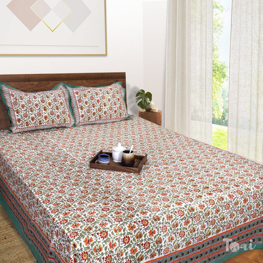 Orange, Red and Green florals on White |hand block printed bedsheet| Double bed ,Queen size | 210 TC Pure Cotton| Complementing pillow covers
