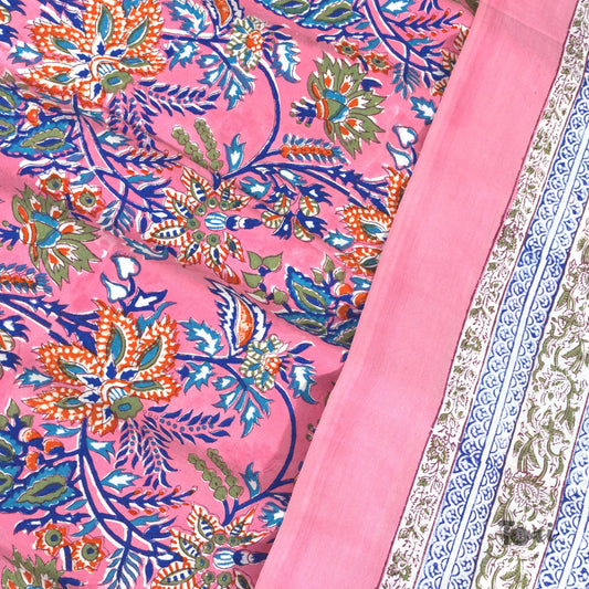 Purple, Blue, Green Florals on Pink |hand block printed bedsheet| Double bed ,King size | 210 TC Pure Cotton| Complementing pillow covers