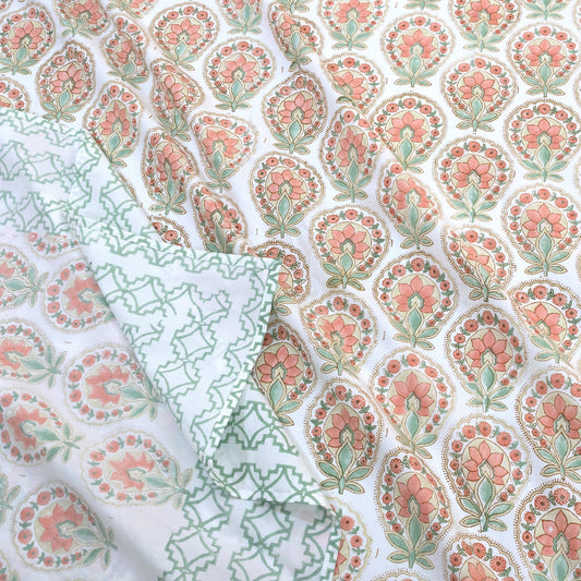 Peach Green White | 300TC Mercerized Cotton Bedsheet