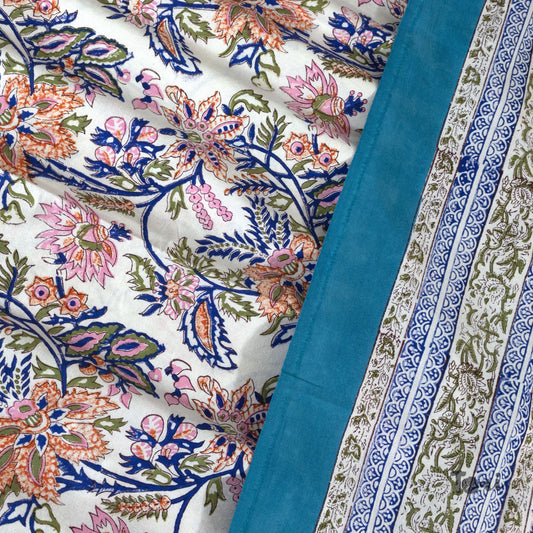 Blue , Purple, Pink flowers on White |hand block printed bedsheet| Double bed ,Queen size | 210 TC Pure Cotton| Complementing pillow covers