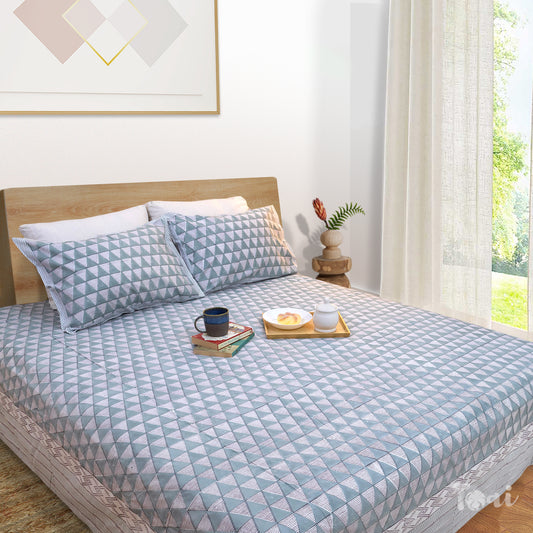 Cement Green Triangles | 300TC Bedsheet | 2 Pillow Covers | Mulmul Cotton Dohar
