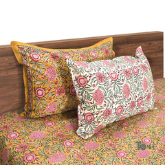 Pink and Green Flowers on Deep Yellow |hand block printed bedsheet| Double bed ,Queen size | 210 TC Pure Cotton| Complementing pillow covers