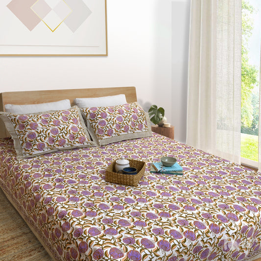 Round Florals On Green  |hand block printed bedsheet| Double bed ,King size, Queen size | 210 TC Pure Cotton| Complementing pillow covers