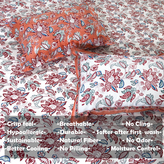 Peach Florals on White  | 210TC Pure Cotton  Bedsheet
