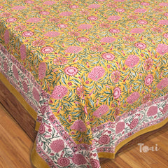 Pink and Green Flowers on Deep Yellow |hand block printed bedsheet| Double bed ,Queen size | 210 TC Pure Cotton| Complementing pillow covers