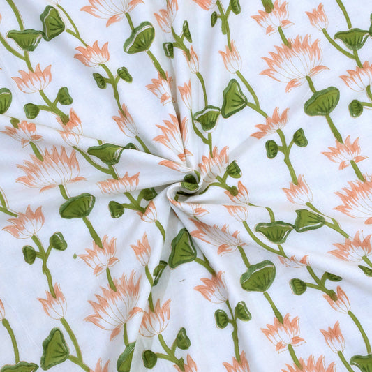 Orange Green Lotus | Pure Mulmul Cotton | Flannel filling