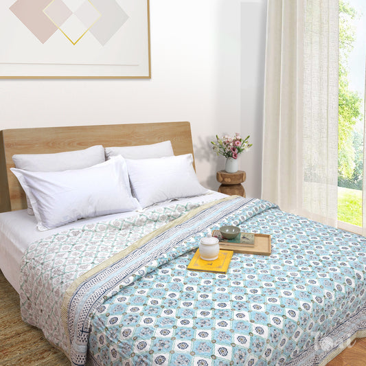 Small Blue Jaal | 300TC Bedsheet | 2 Pillow Covers | Mulmul Cotton Quilt