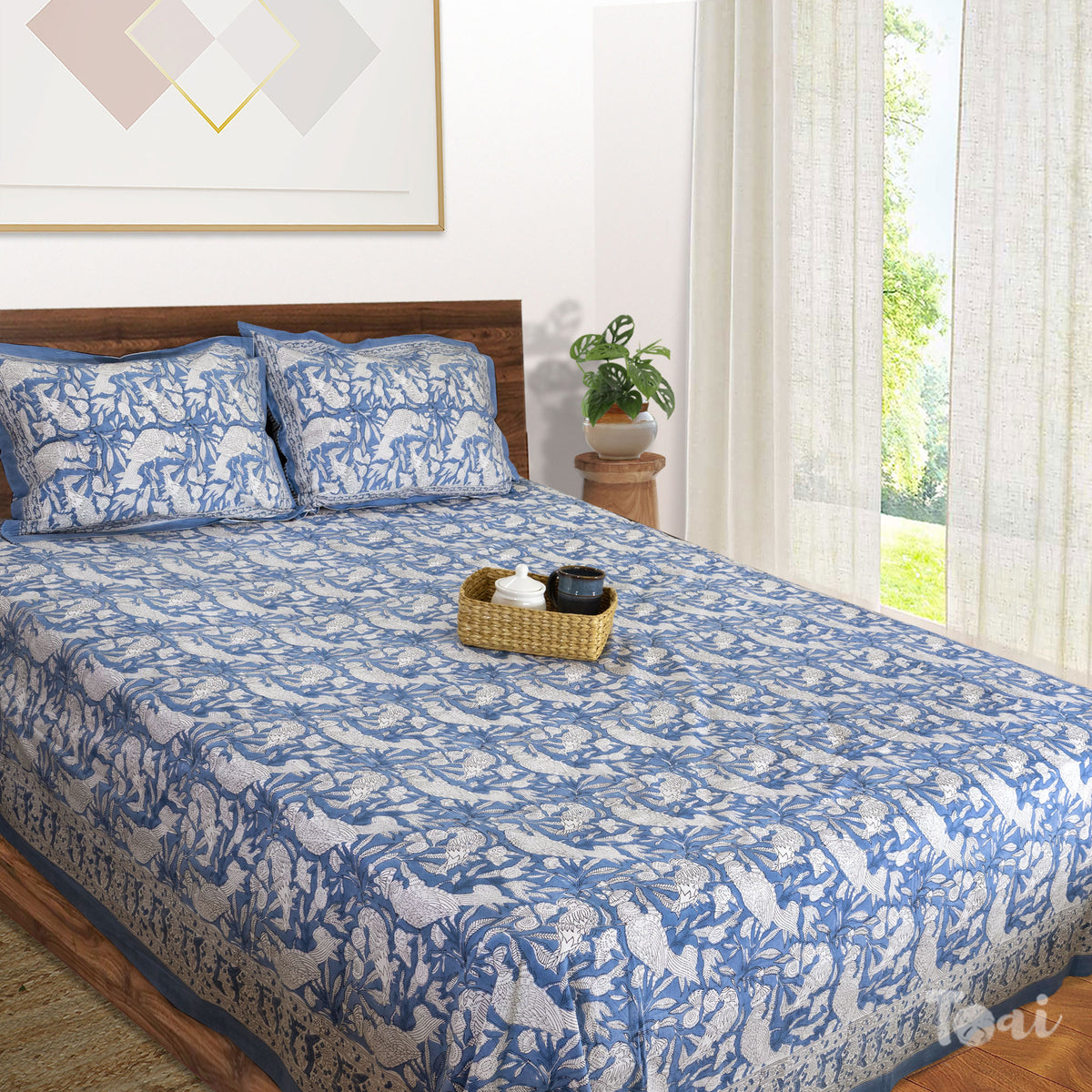 Blue Birds and White |hand block printed bedsheet| Double bed: Queen size, King Size | 300 TC Premium Pure Cotton| Complementing pillow covers