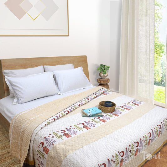 Yellow Polka| 300TC Bedsheet | 2 Pillow Covers | Mulmul Cotton Quilt