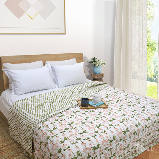 Lotus Vines| 300TC Bedsheet | 2 Pillow Covers | Mulmul Cotton Quilt
