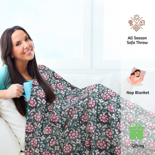 Pink Florals on Green  | Cotton Yarn Sofa Throw