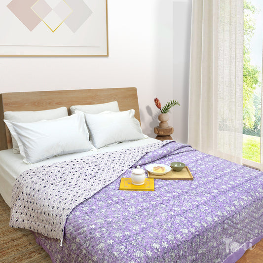 Lavender Kalamkari | 300TC Bedsheet | 2 Pillow Covers | Mulmul Cotton Dohar