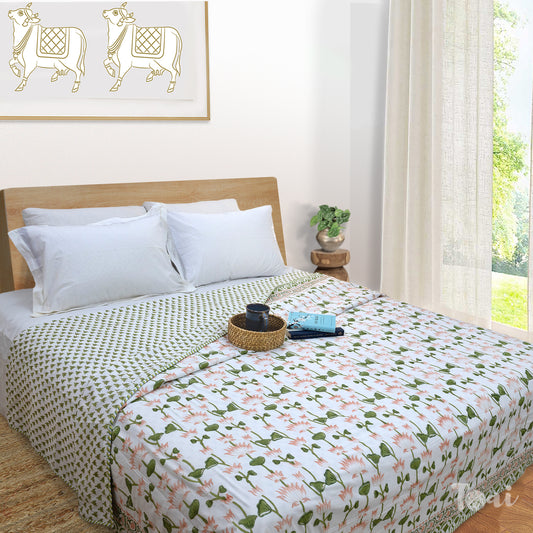 Lotus Vines | 300TC Bedsheet | 2 Pillow Covers | Mulmul Cotton Dohar