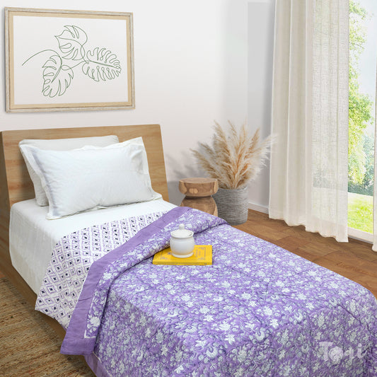 Lavender Kalamkari| 300TC Bedsheet | 2 Pillow Covers | Mulmul Cotton Quilt