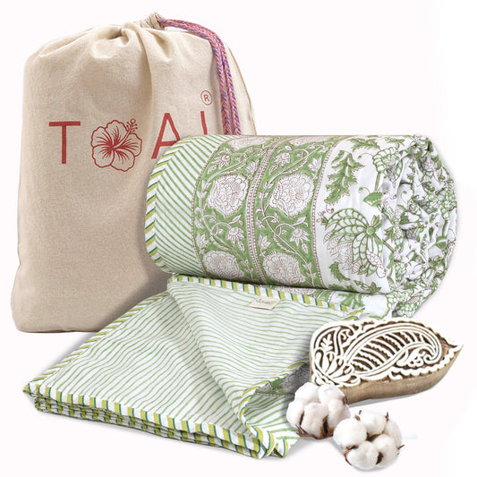 Floral Kalamkari White Green | Pure Mulmul Cotton | Flannel filling