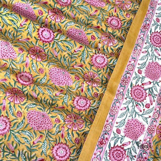 Pink and Green Flowers on Deep Yellow |hand block printed bedsheet| Double bed ,Queen size | 210 TC Pure Cotton| Complementing pillow covers
