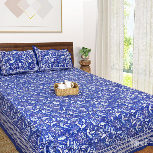 Royal Blue, Purple and White Florals |hand block printed bedsheet| Double bed ,Queen size | 210 TC Pure Cotton| Complementing pillow covers