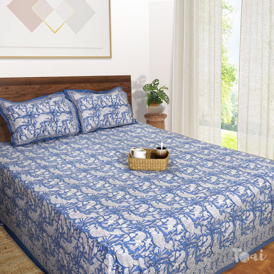 White Parrots on Blue |hand block printed bedsheet| Double bed ,King size, Queen size | 210 TC Pure Cotton| Complementing pillow covers