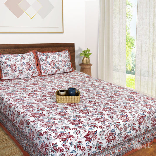 Blue, Red, Peach flowers on White |hand block printed bedsheet| Double bed ,Queen size | 210 TC Pure Cotton| Complementing pillow covers