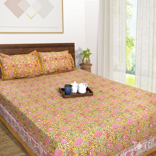 Pink and Green Flowers on Deep Yellow |hand block printed bedsheet| Double bed ,Queen size | 210 TC Pure Cotton| Complementing pillow covers
