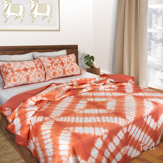 Peach Diamonds| Quilted Bed cover |Shibori, Tie-&-Die|Double Bed- Queen Size| Premium Mulmul Cotton| Organic Cotton Sheet Filling |Complementing pillow covers