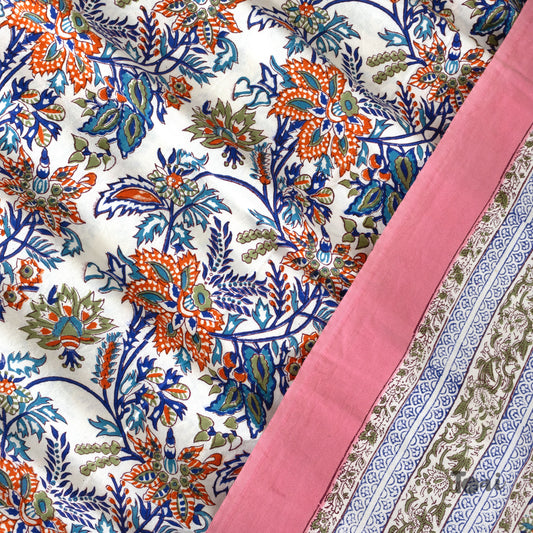 Purple, Pink florals on White |hand block printed bedsheet| Double bed ,Queen size | 210 TC Pure Cotton| Complementing pillow covers