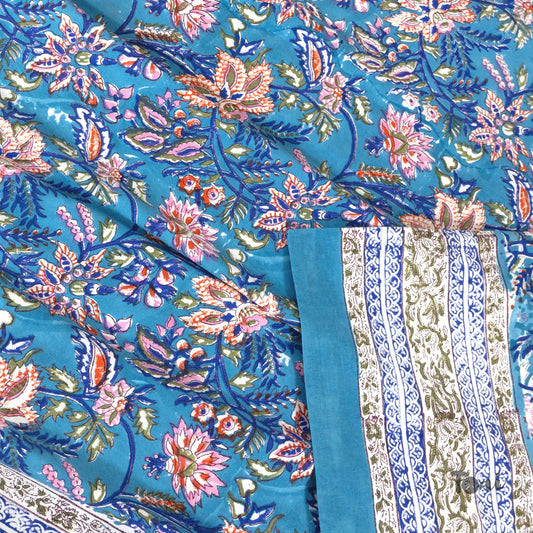 Pink Purple florals on Blue |hand block printed bedsheet| Double bed ,Queen size | 210 TC Pure Cotton| Complementing pillow covers