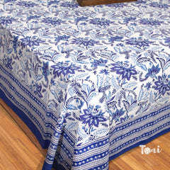 Royal Blue, Purple Florals on White |hand block printed bedsheet| Double bed ,Queen size | 210 TC Pure Cotton| Complementing pillow covers