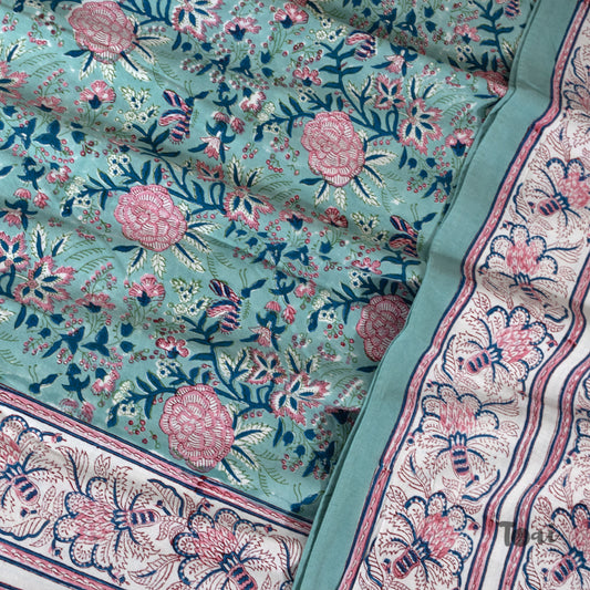 Pastel Pink Roses on Green |hand block printed bedsheet| Double bed ,Queen size | 210 TC Pure Cotton| Complementing pillow covers