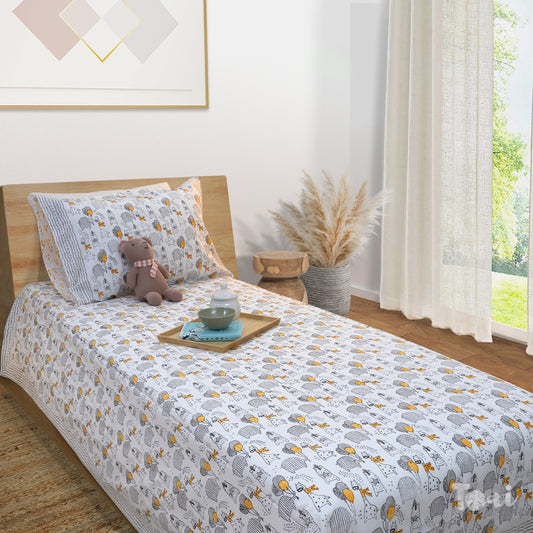 Grey Cartoon | 300TC Bedsheet | 2 Pillow Covers | Mulmul Cotton Dohar