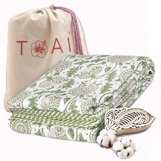 Floral Kalamkari White Green | Pure Mulmul Cotton | Flannel filling