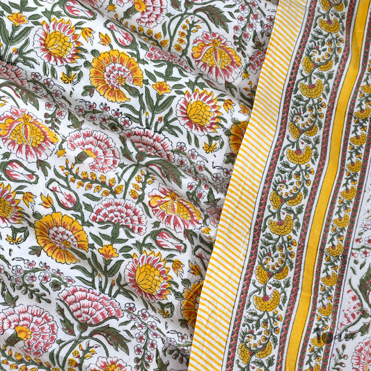 Yellow, Green and Pink flowers on White |hand block printed bedsheet| Double bed ,King size | 210 TC Pure Cotton| Complementing pillow covers