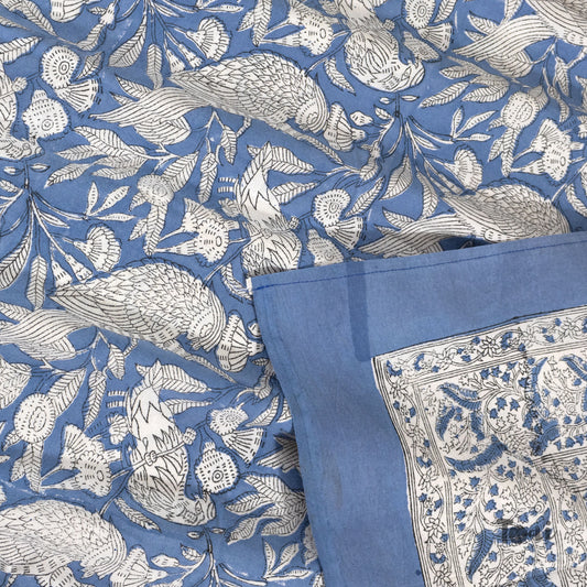 White Parrots on Blue |hand block printed bedsheet| Double bed ,King size, Queen size | 210 TC Pure Cotton| Complementing pillow covers