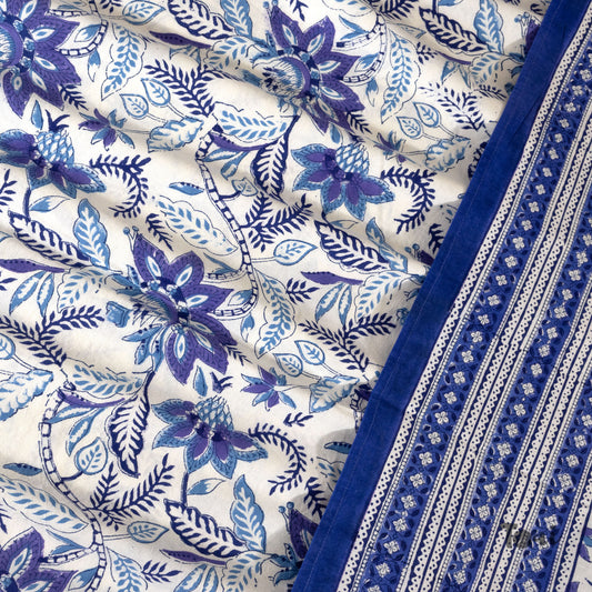 Royal Blue, Purple Florals on White |hand block printed bedsheet| Double bed ,Queen size | 210 TC Pure Cotton| Complementing pillow covers