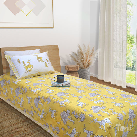 Yellow Deer Kalamkari | 300TC Mercerized Cotton Bedsheet